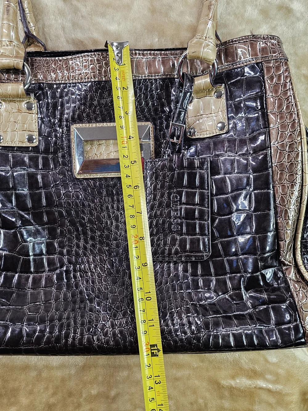 GUESS Metallic Black Croc-Embossed Tote and Satchel Set